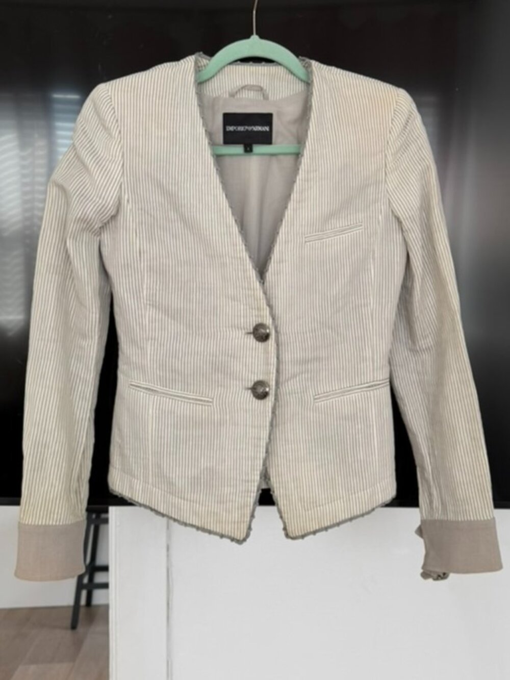 Emporio Armani Striped Cotton Blend Buckle Cuff Collarless Blazer  (US XS)